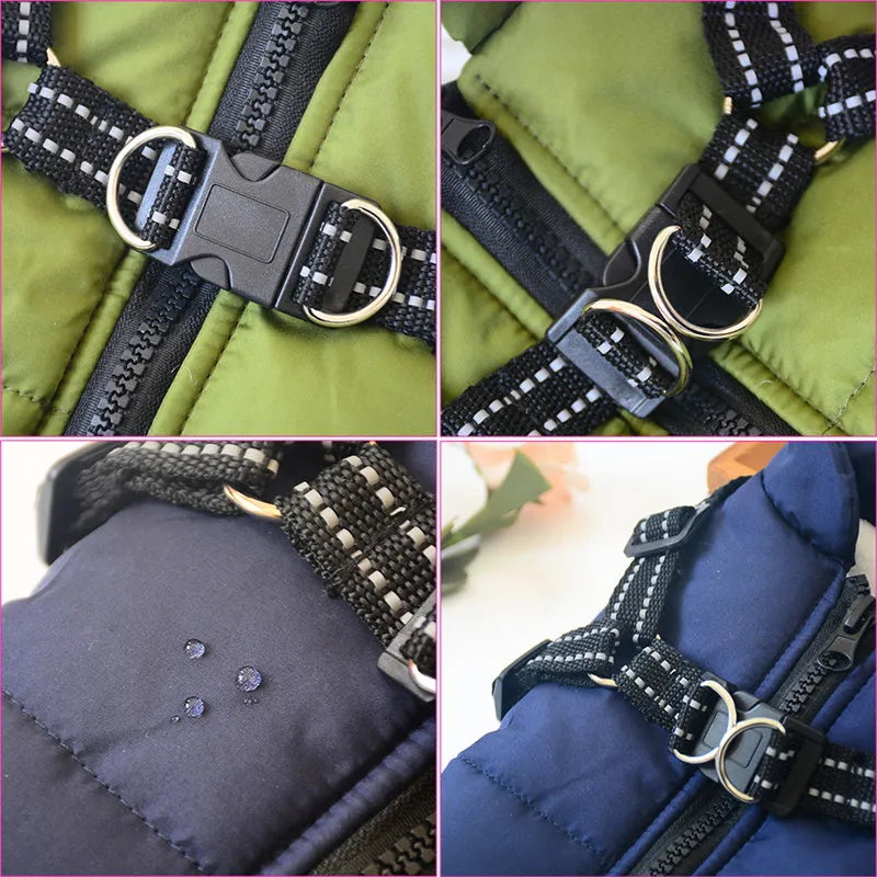 Red waterproof dog coat for large breeds with visible opening for a harness on the back.
