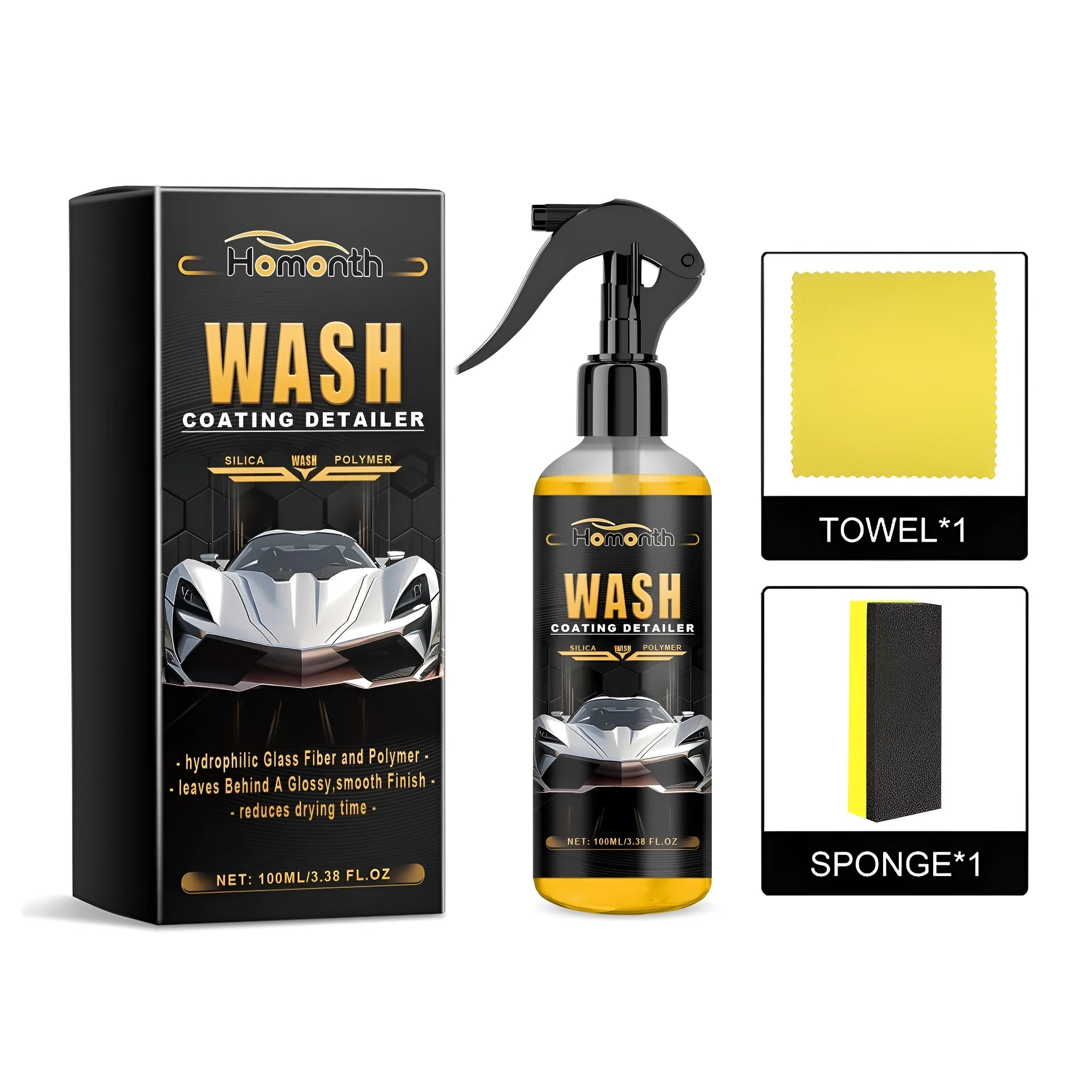 Car wash coating detailing spray kit with PET bottle, sponge and microfibre cloth