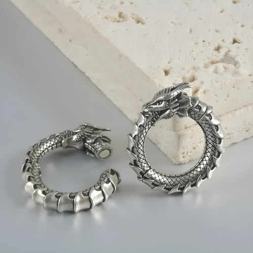 Pair of large geometric hollow-out earrings in antique silver dragon finish