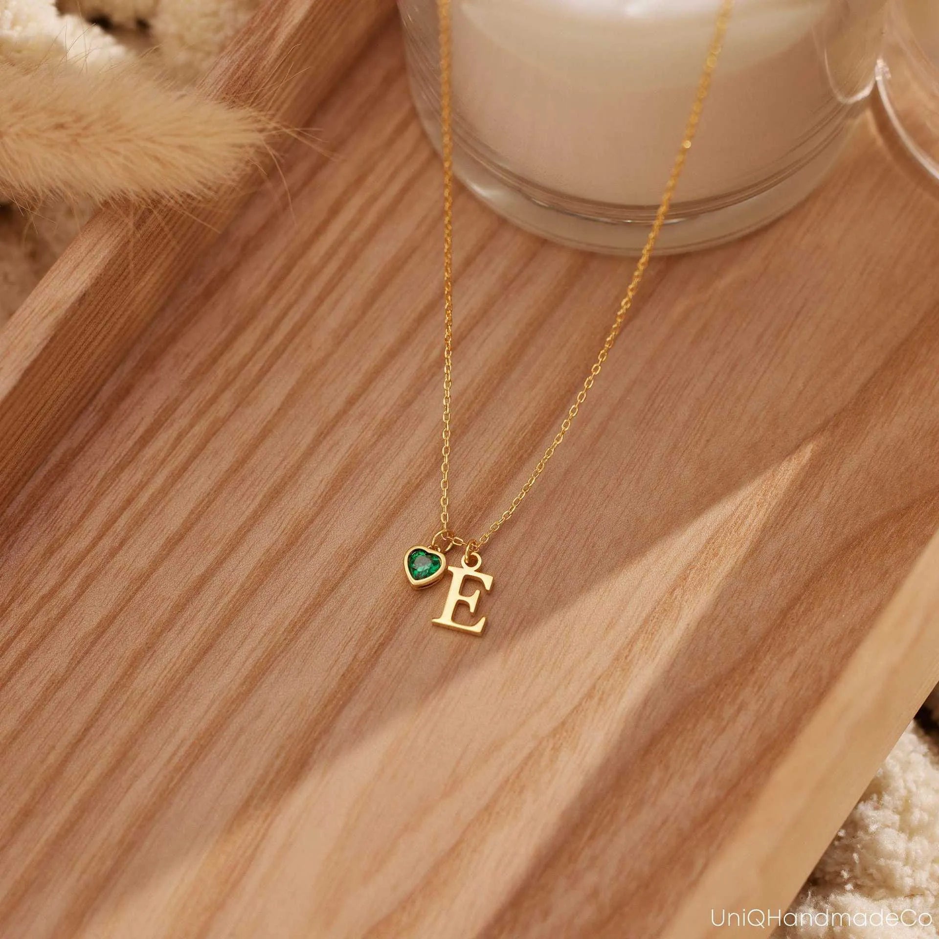 Personalised stainless steel initial letter pendant necklace with Love Birthday Stone colour on cross chain