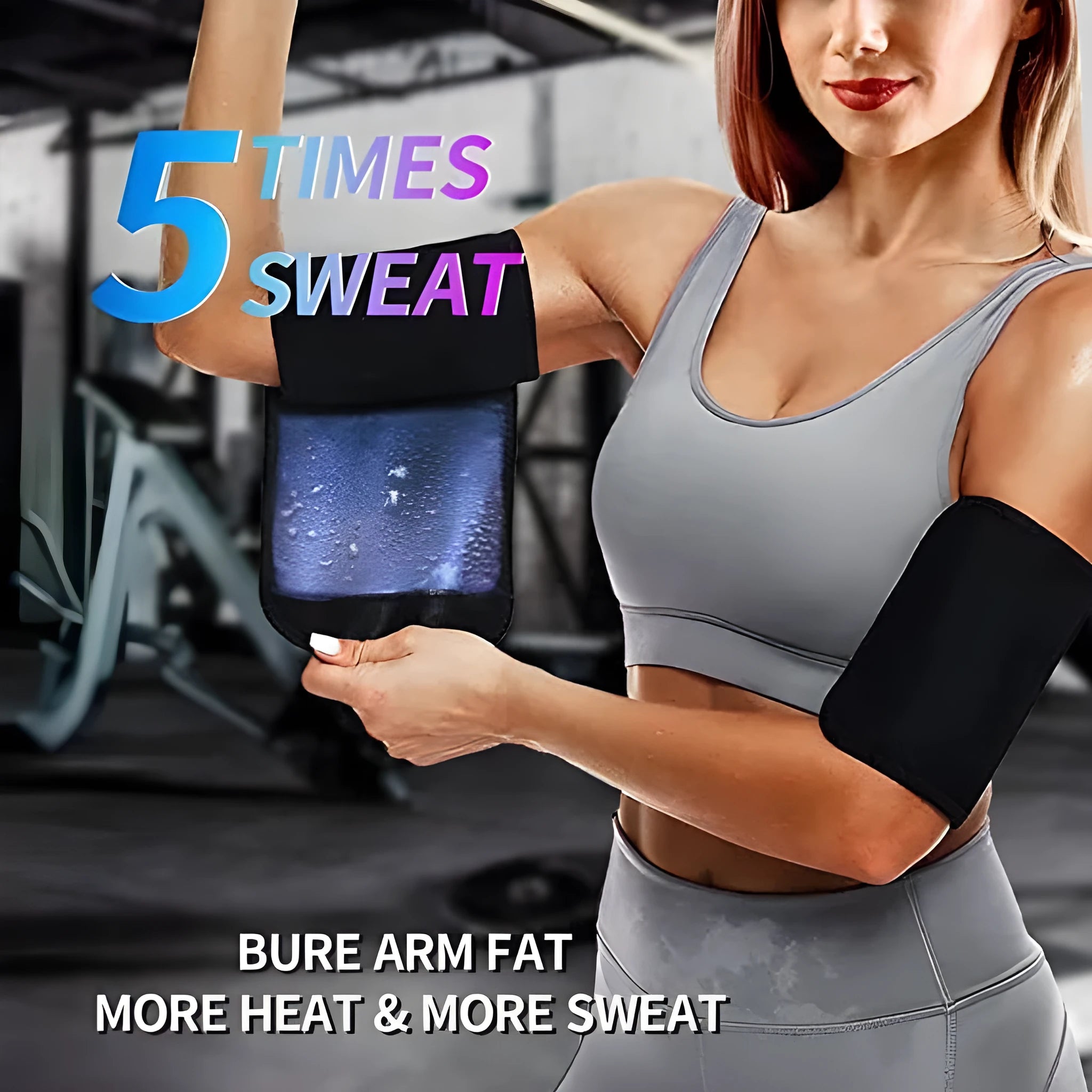 Blue adjustable elastic arm sweatband with absorbent inner layer, shown with included binding strap.