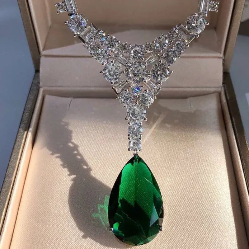 Silver gold-plated moissanite diamond pendant necklace with natural emerald drop shape on 50cm chain
