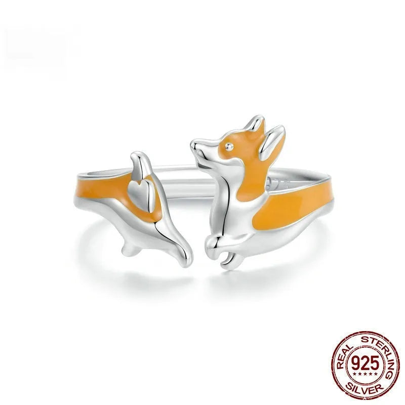 Sterling silver Corgi cartoon ring for women with electroplated finish, colour SCR1014-E