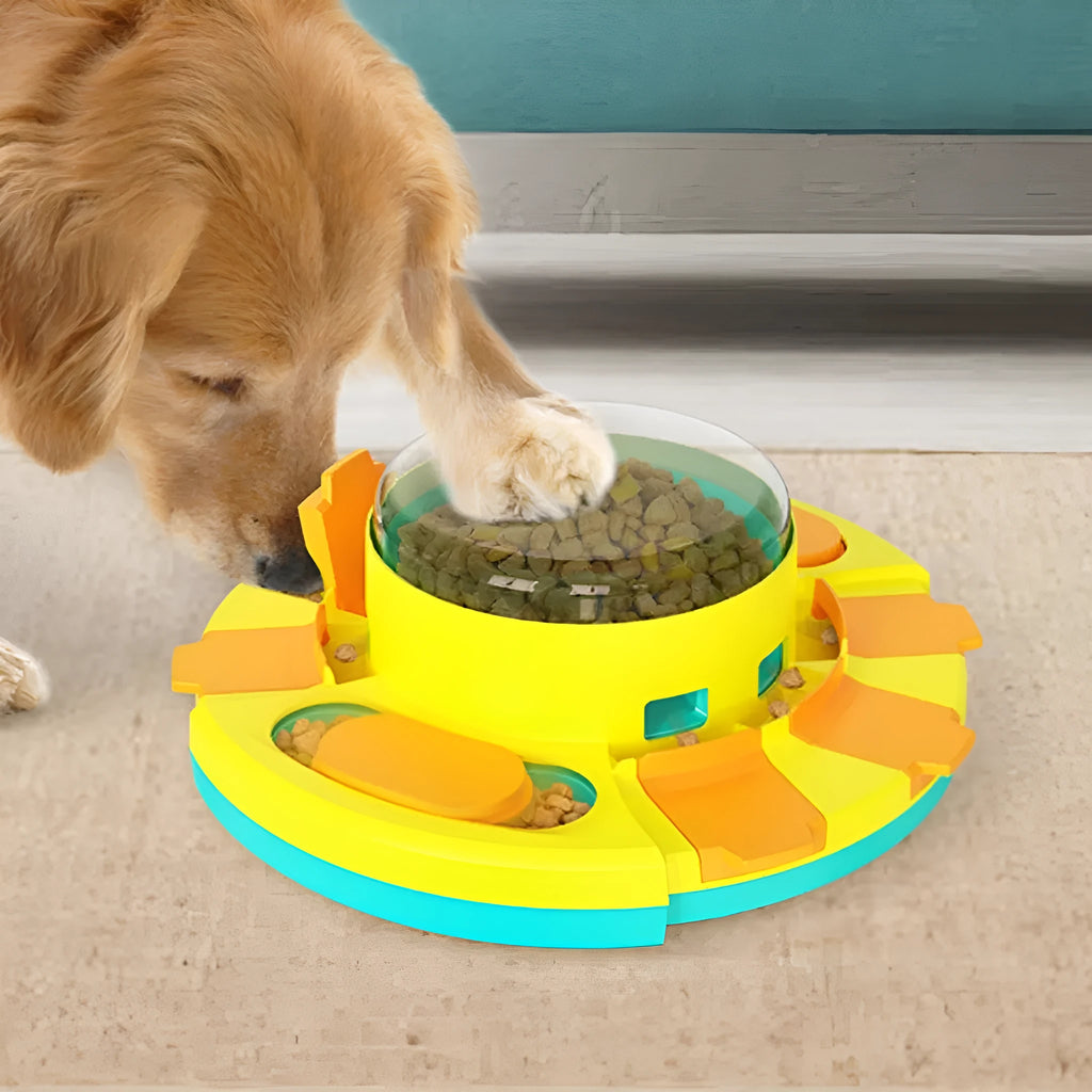 Assortment of plastic pet toys including dog puzzle, food-dispensing bear, cat tumbler, and teether ball in various colours