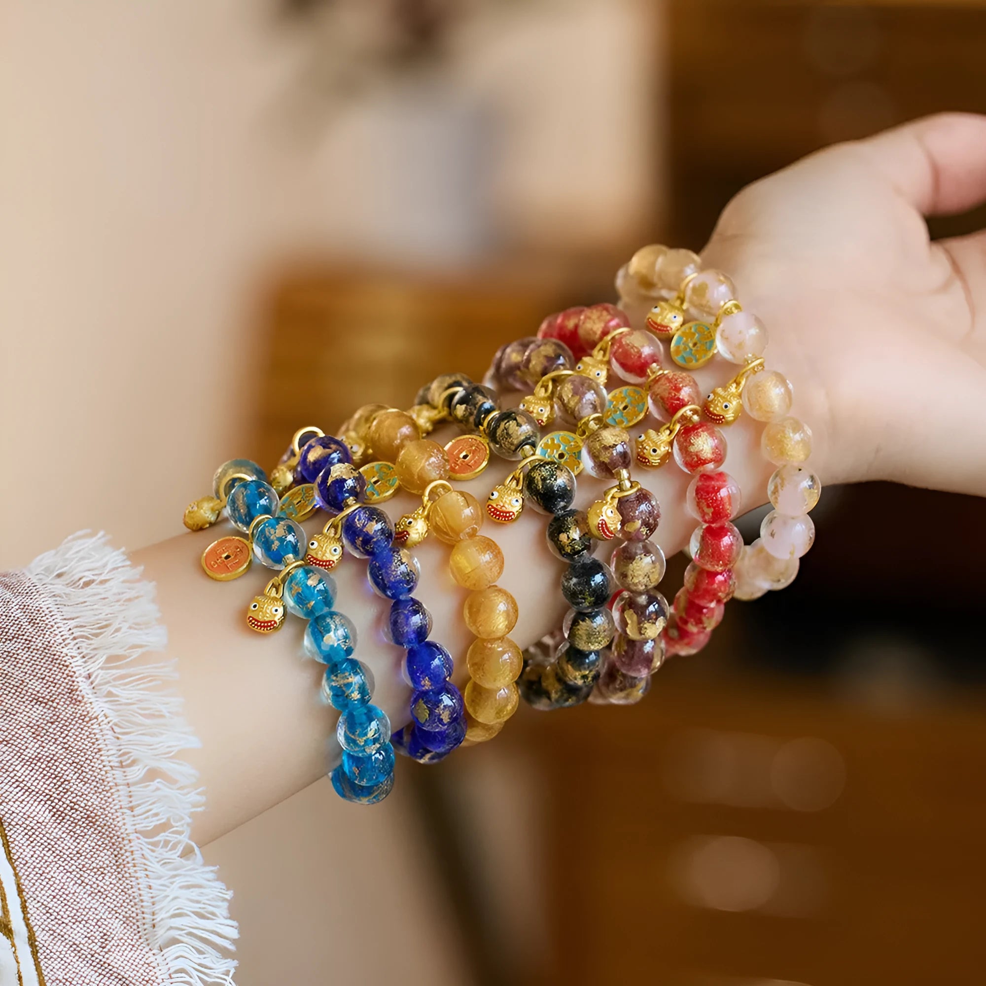 Handmade national style bracelet with fragrant grey gold foil coloured glaze swallowing gold beast geometric design