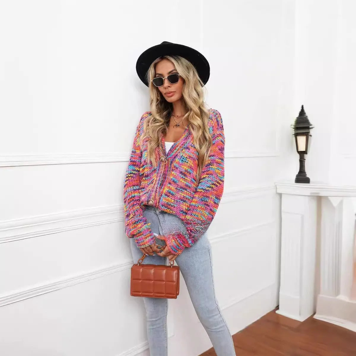 Rose red rainbow striped women's cardigan coat with loose fit and regular sleeves