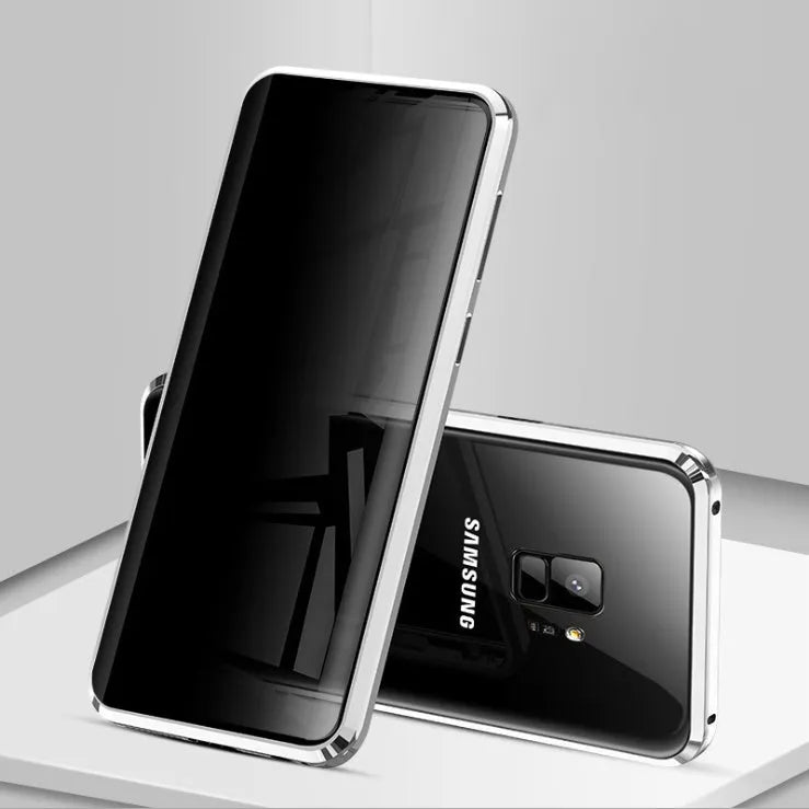 Black anti-peeping magnetic phone case for Samsung Galaxy shown in clamshell open position