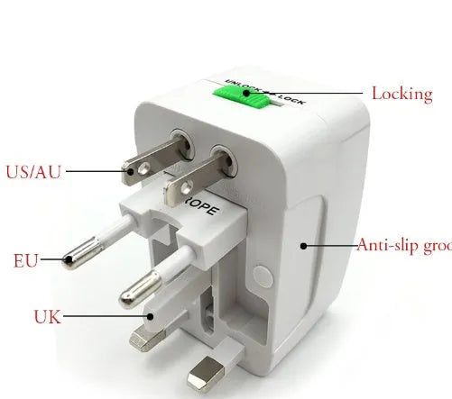 Universal travel adapter and power converter plug for mobile phones, dimensions 73mm by 50mm by 39mm.