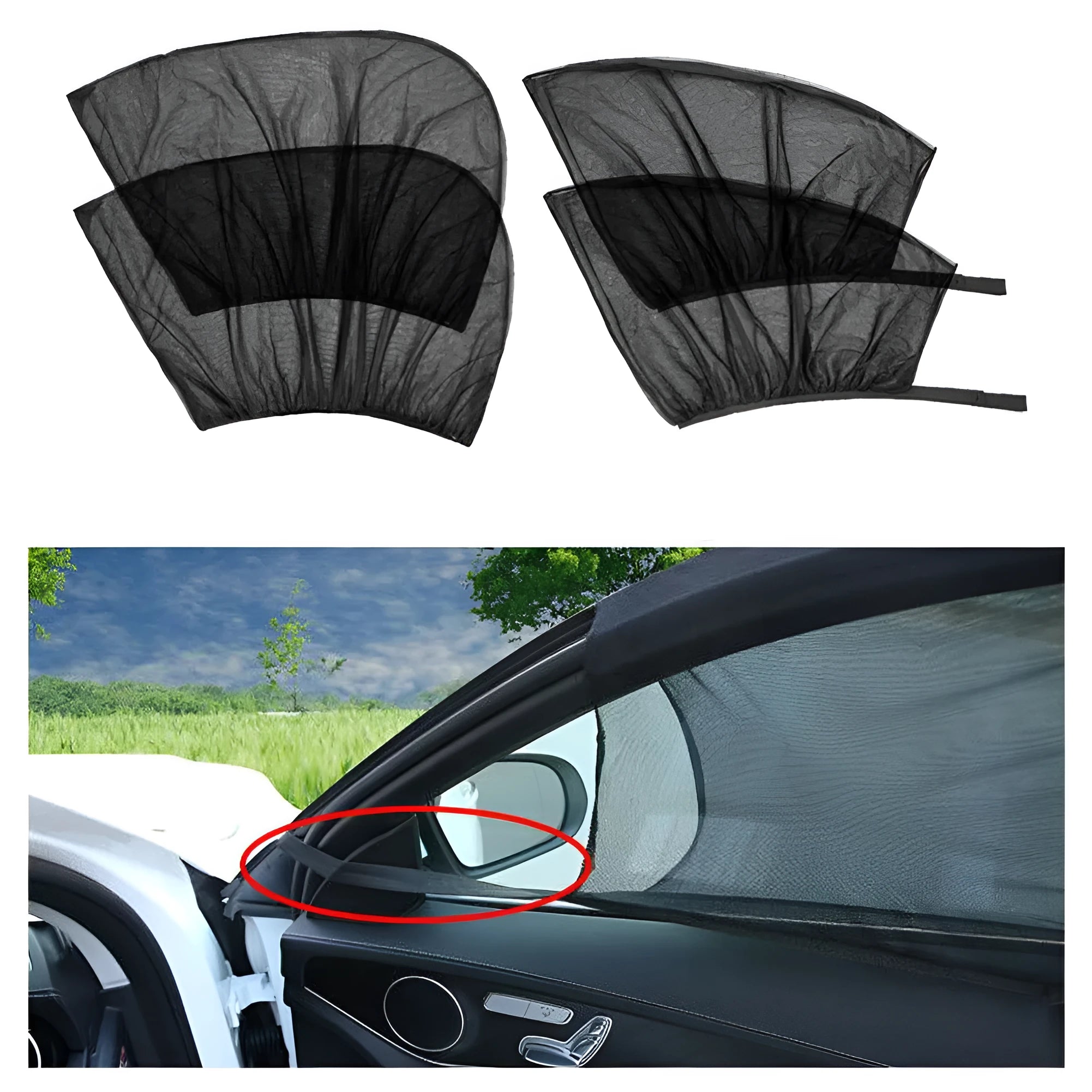 Car side window sunshade mesh installed on vehicle door with elastic strip fixation