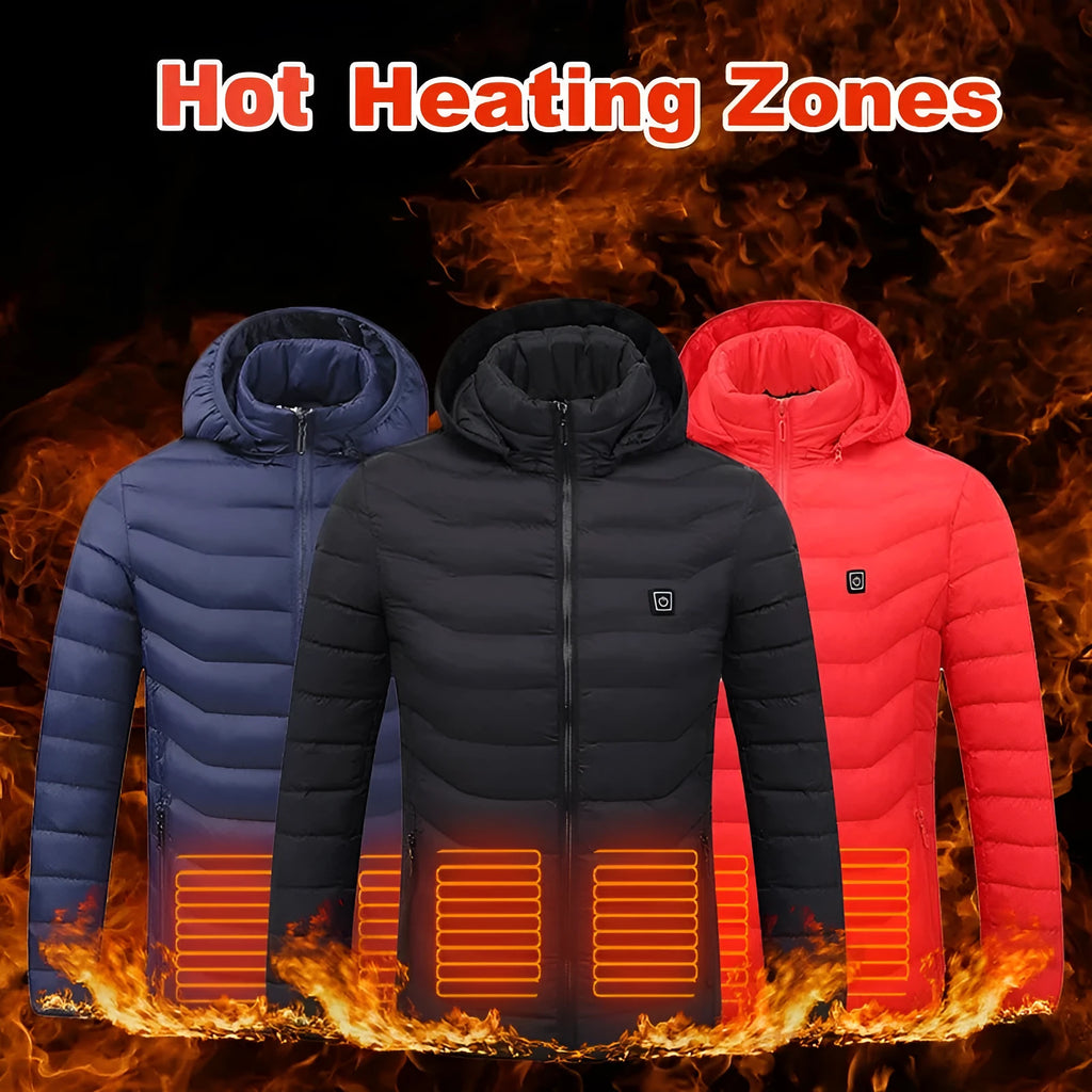 Men heated puffer jacket with 9 heat zones, hood, and long sleeves on a winter ski slope