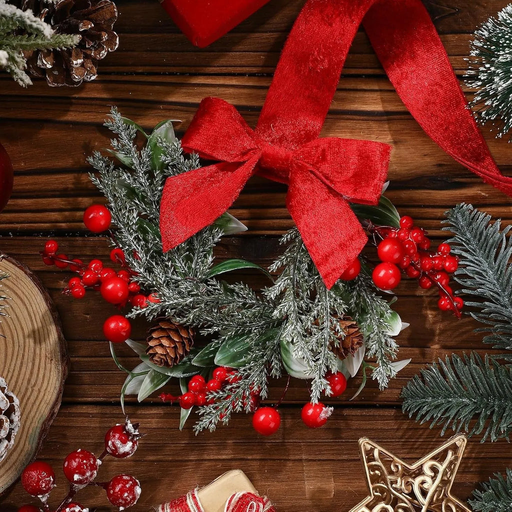 Handmade plastic Christmas garland with bowknot ribbon, available in red pine cone and green pine needle styles
