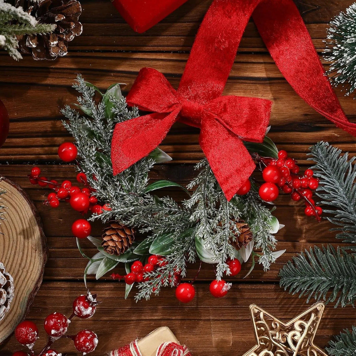 Handmade plastic Christmas garland with bowknot ribbon, available in red pine cone and green pine needle styles