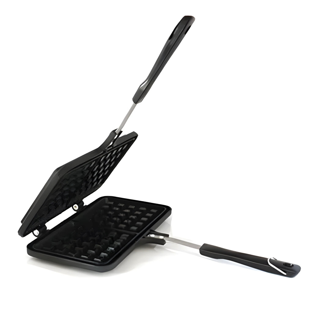 Black non-stick aluminium waffle mold with plaid pattern and heat-resistant handle for gas stoves