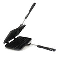 Black non-stick aluminium waffle mold with plaid pattern and heat-resistant handle for gas stoves