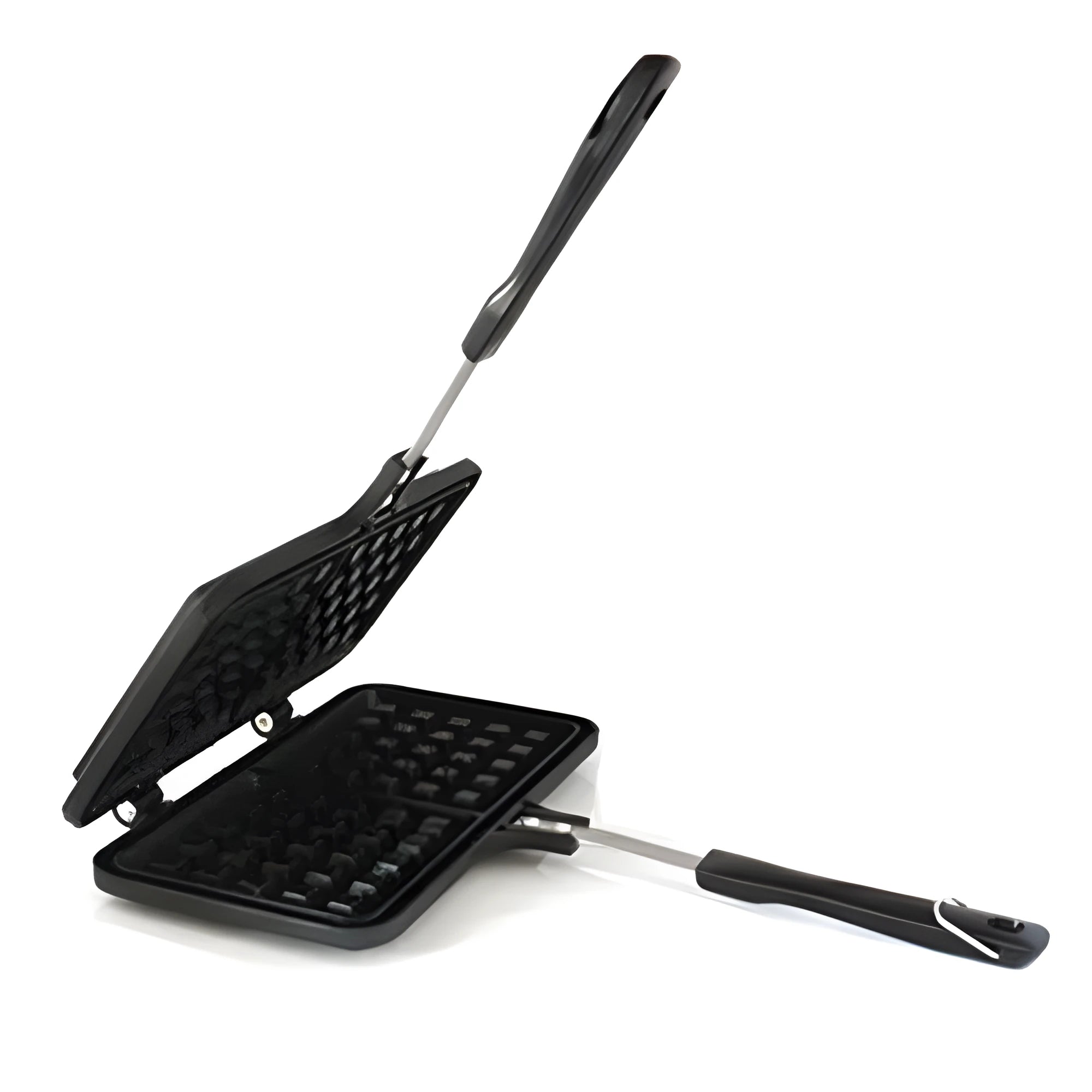 Black non-stick aluminium waffle mold with plaid pattern and heat-resistant handle for gas stoves