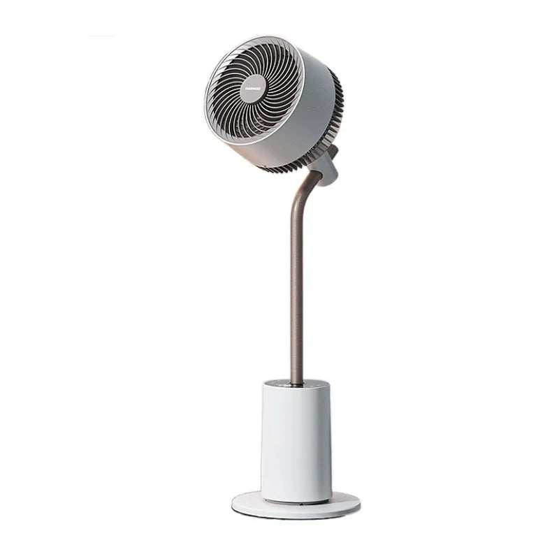 Gray wall-mounted fan with four blades and USB cable on a white wall