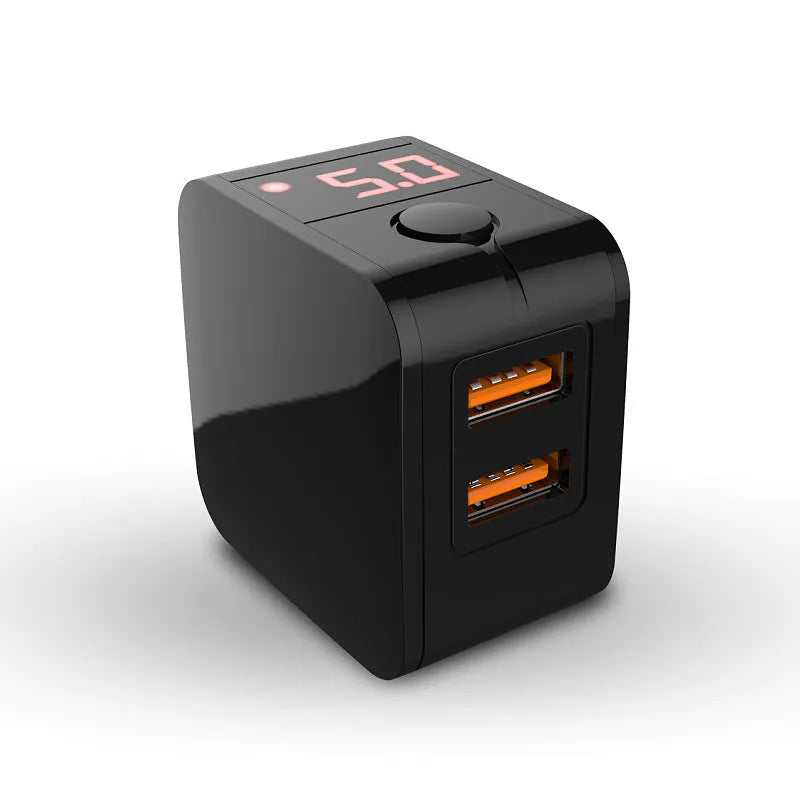 White dual USB fast travel charger with digital voltage display screen and UK 3-pin plug