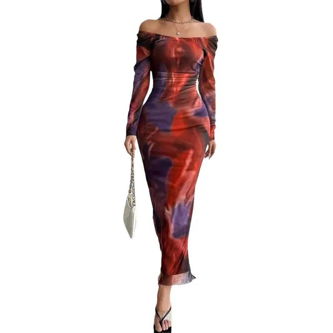 Women's printed mesh fishtail dress with gradient colour pleats and square collar