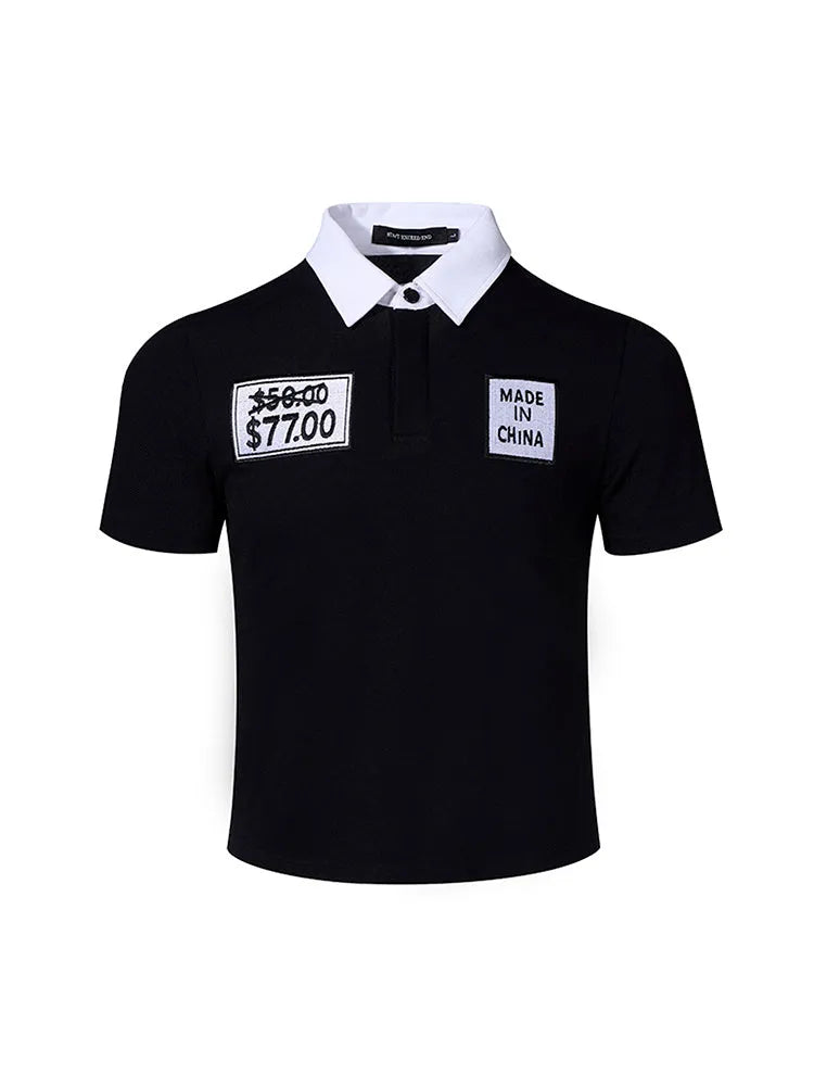 Black slim fit men's polo shirt with embroidery hat design and short sleeves