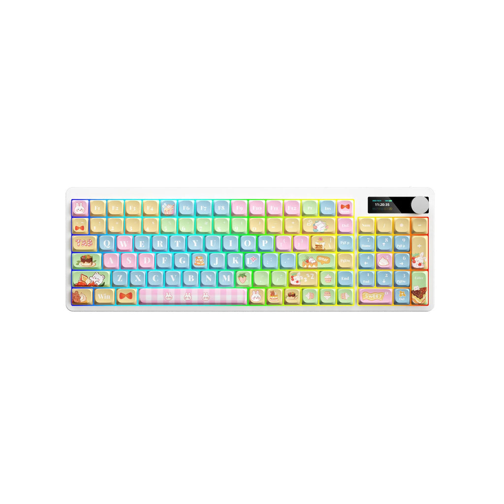 Black mechanical gaming keyboard with RGB backlighting next to a laptop