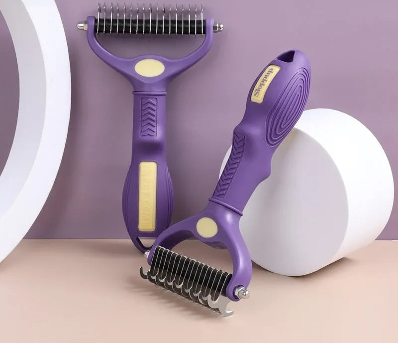 Purple double-sided plastic pet comb with fine and wide teeth for grooming cats and dogs.