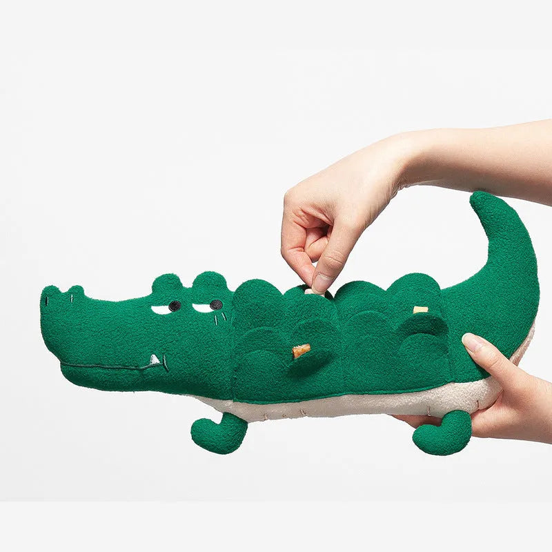 Green soft plush toy dog measuring 35 cm long on a white background