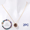 Natural stone beaded necklace and matching bracelet set on a dark background.
