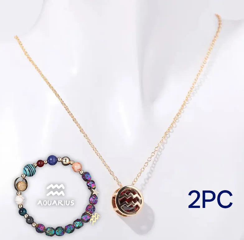 Natural stone beaded necklace and matching bracelet set on a dark background.
