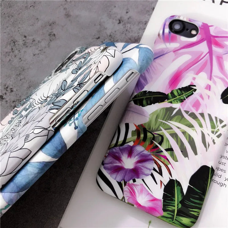White leaf and morning glory flower oil painting design on an iPhone protective case.