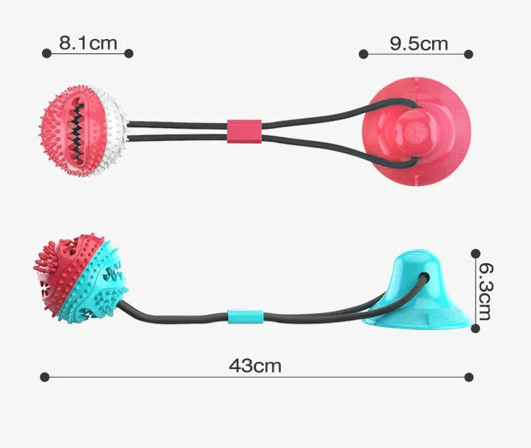Dog sucker drawstring ball toy in TPR material blue and red white colours on white background