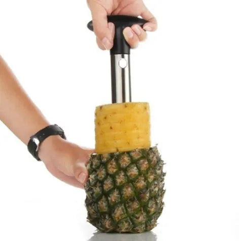 Stainless steel pineapple corer slicer with ABS handle, showing black, yellow, and green colour options