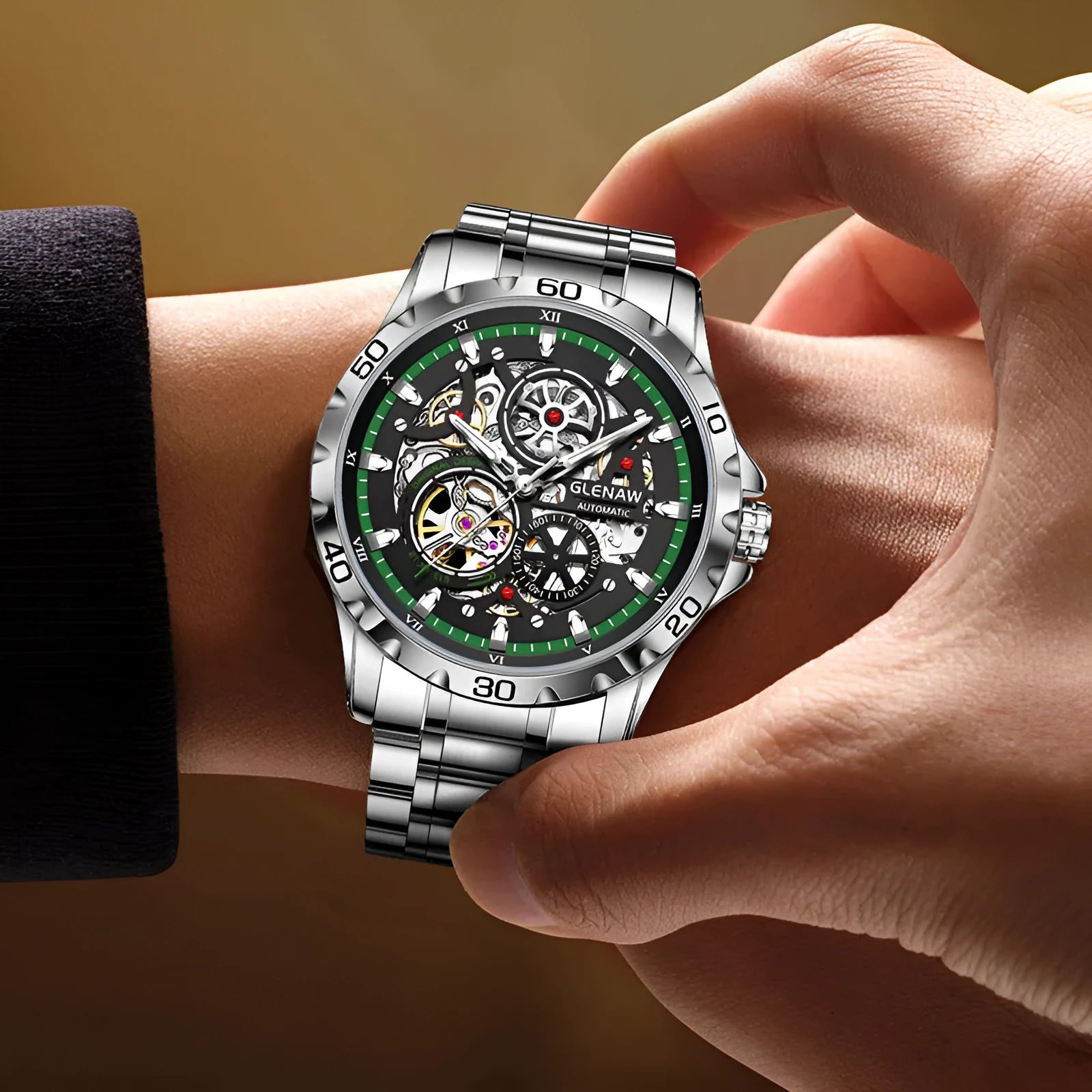 Men's silver automatic mechanical watch with hollow-out luminous dial and transparent case back