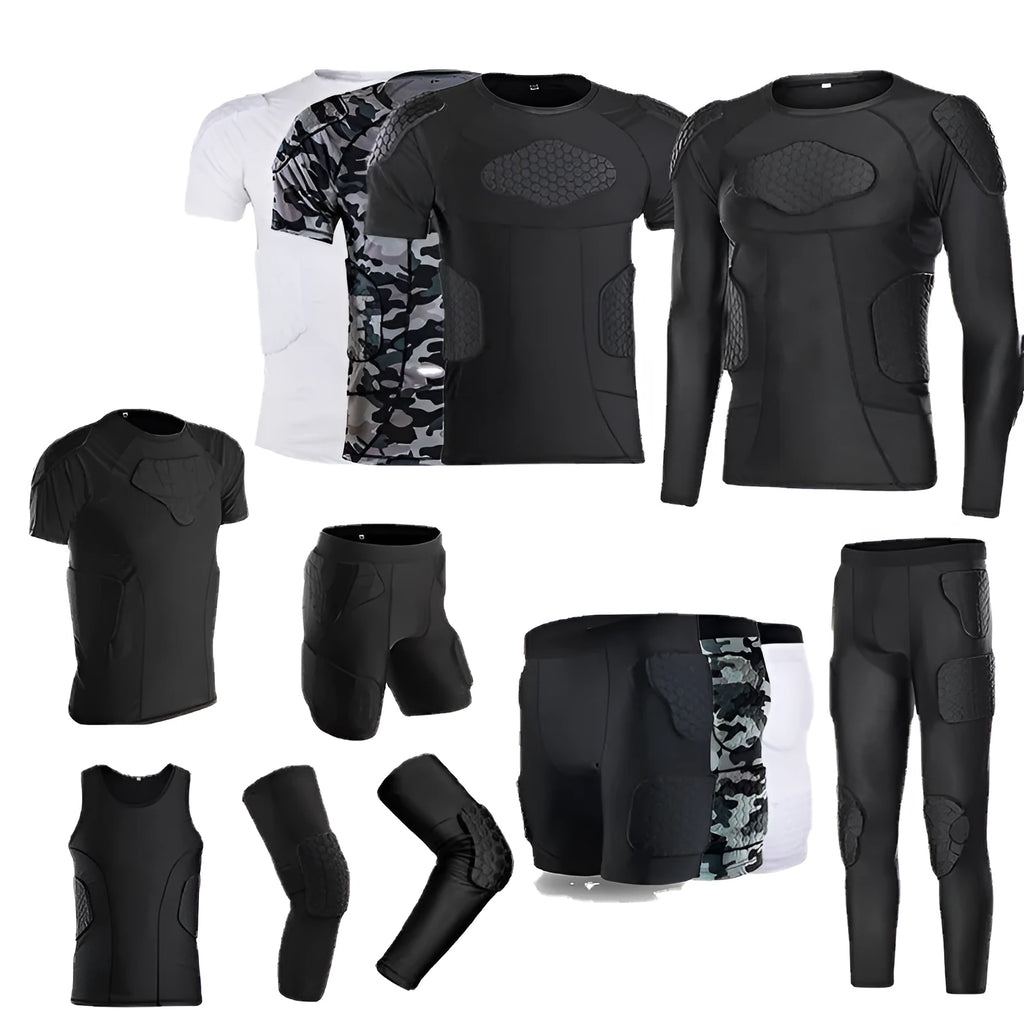 Olive anti-collision football training suit set including T-shirt, vest, and shorts on display