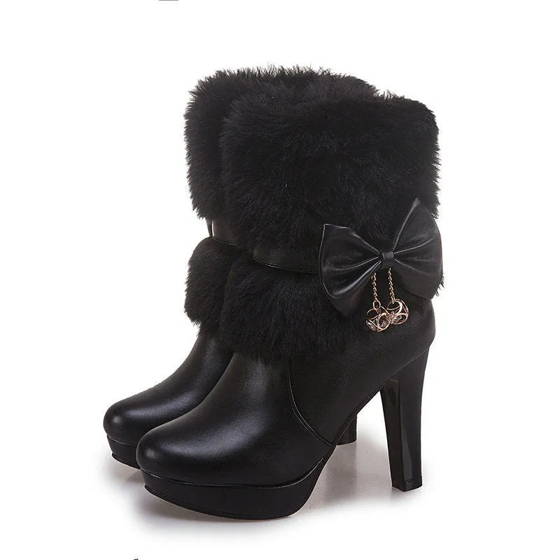 Women's short boots artificial PU thick heel 10cm round toe black pink white sizes 32-43