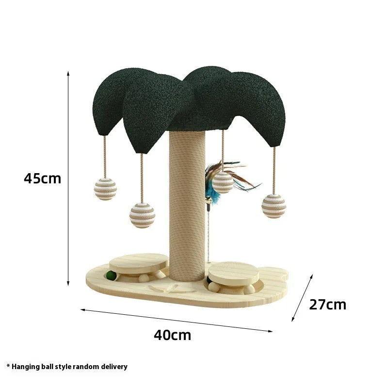 Solid wood cat scratching post with sisal rope and rotating turntable in decorative panda style design