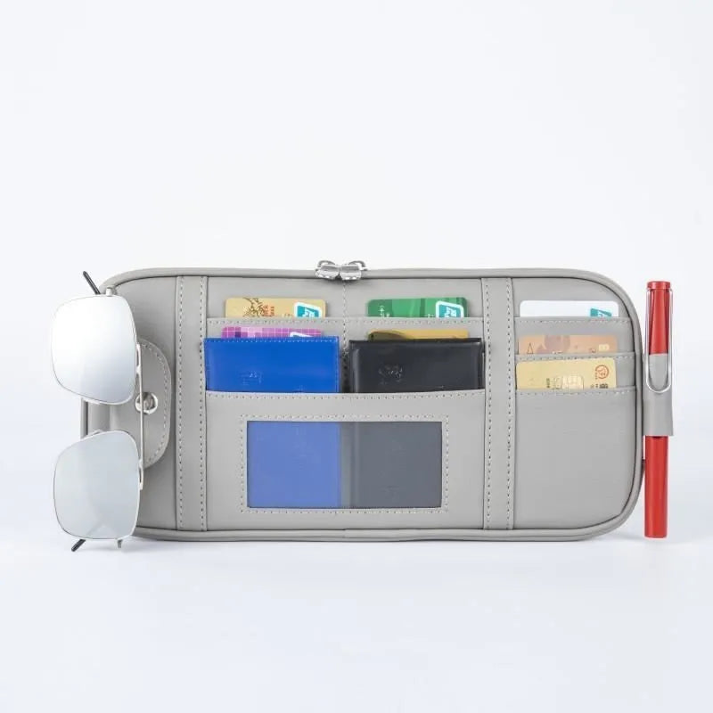 Car sun visor pocket organizer with acrylic plastic construction for storing cards and glasses