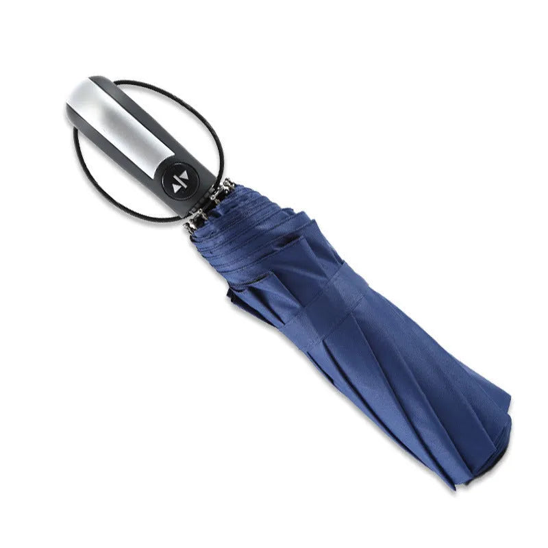 Automatic open black business umbrella with steel ribs in a triple-folded position.