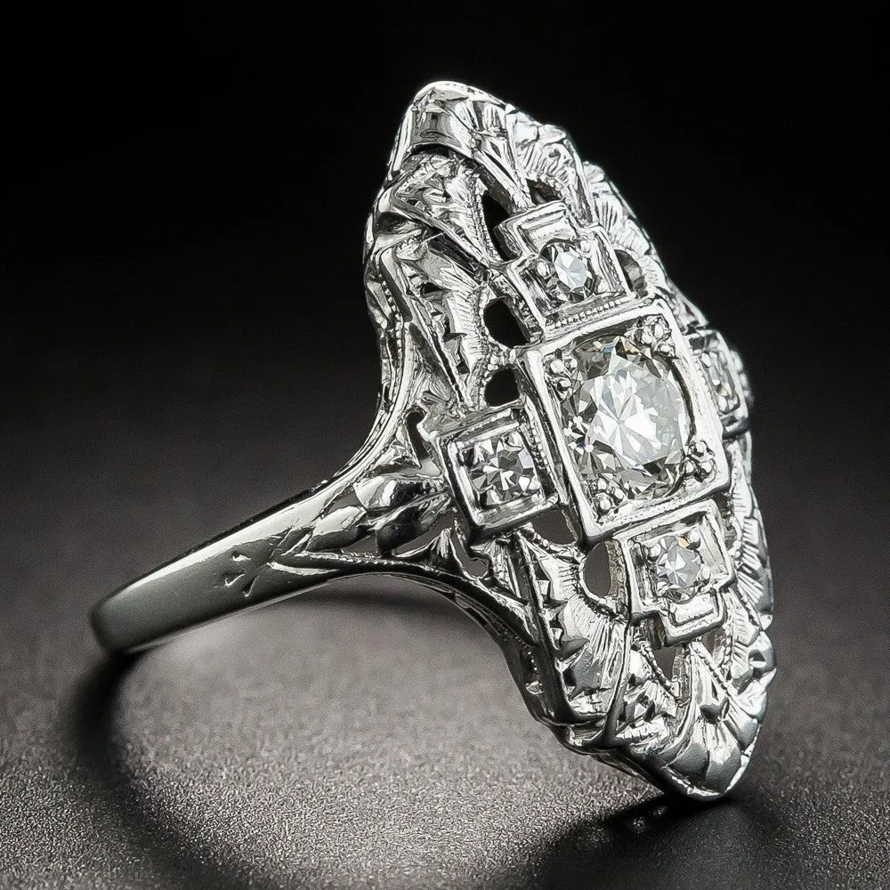 Silver electroplated copper ring with hollow-out geometry design and diamond studs