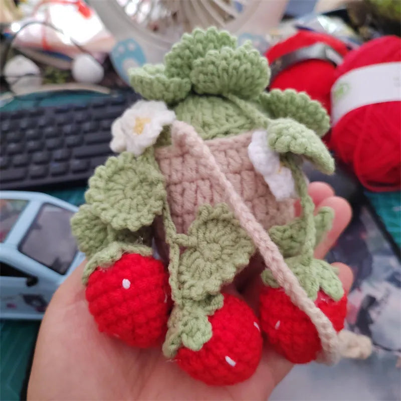 Red wool knitted strawberry car hanging pendant with three-dimensional fruit design for car trailer decoration