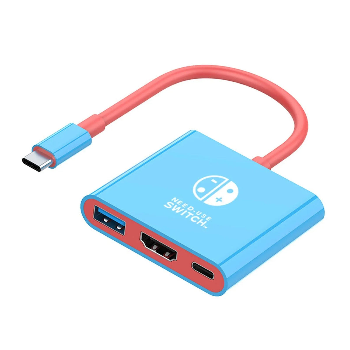 Three-in-one Type-C docking station converter with 15cm cable in black and red colour