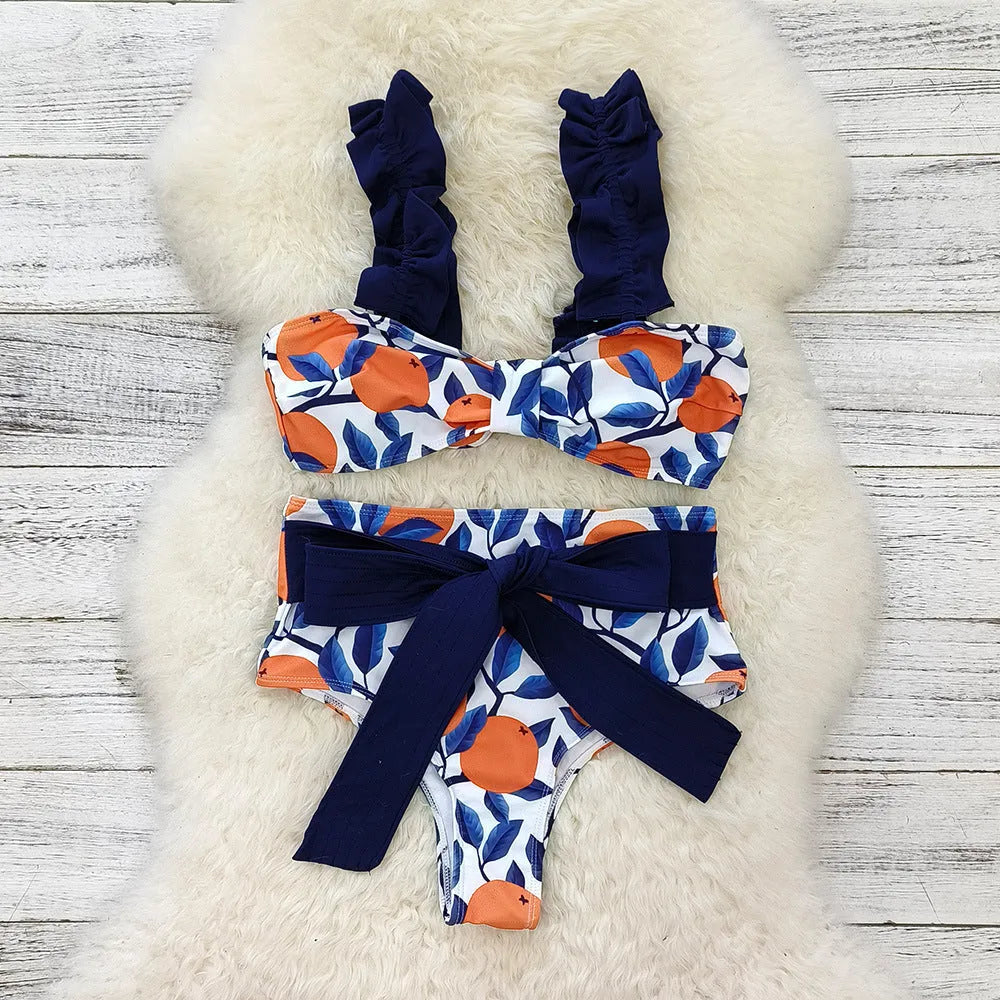 Women's blue leaves orange printed high waist bikini swimsuit with briefs style and sleeveless design
