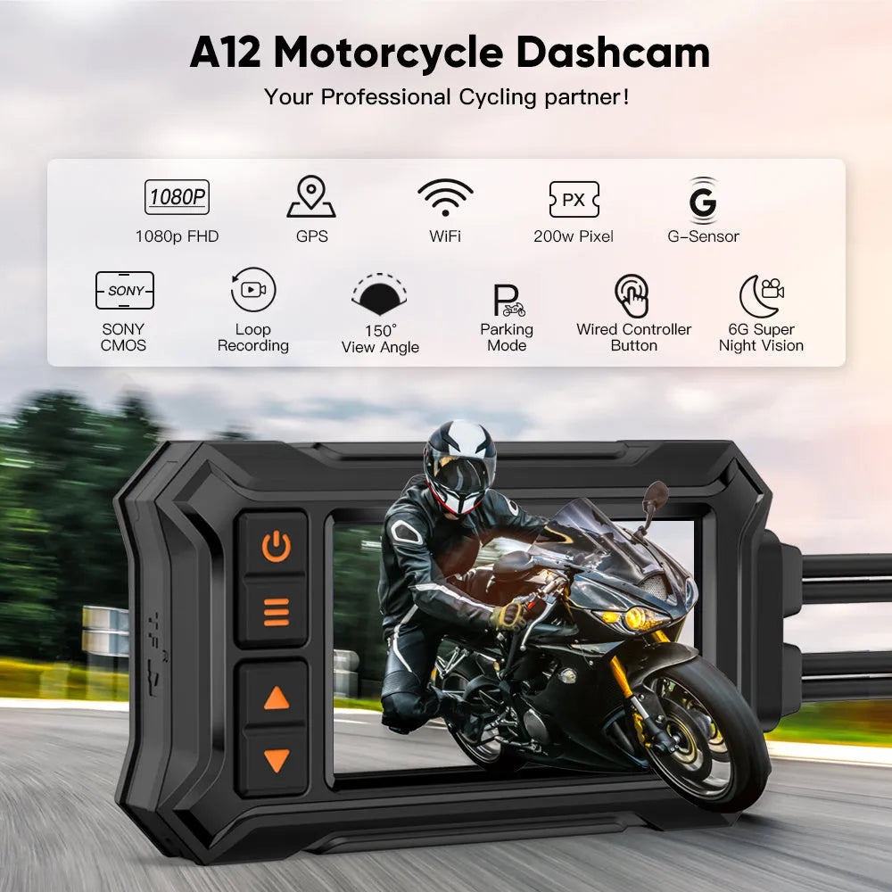 Motorcycle dash camera unit with 3 inch display, two lenses, GPS module, and installation cables.