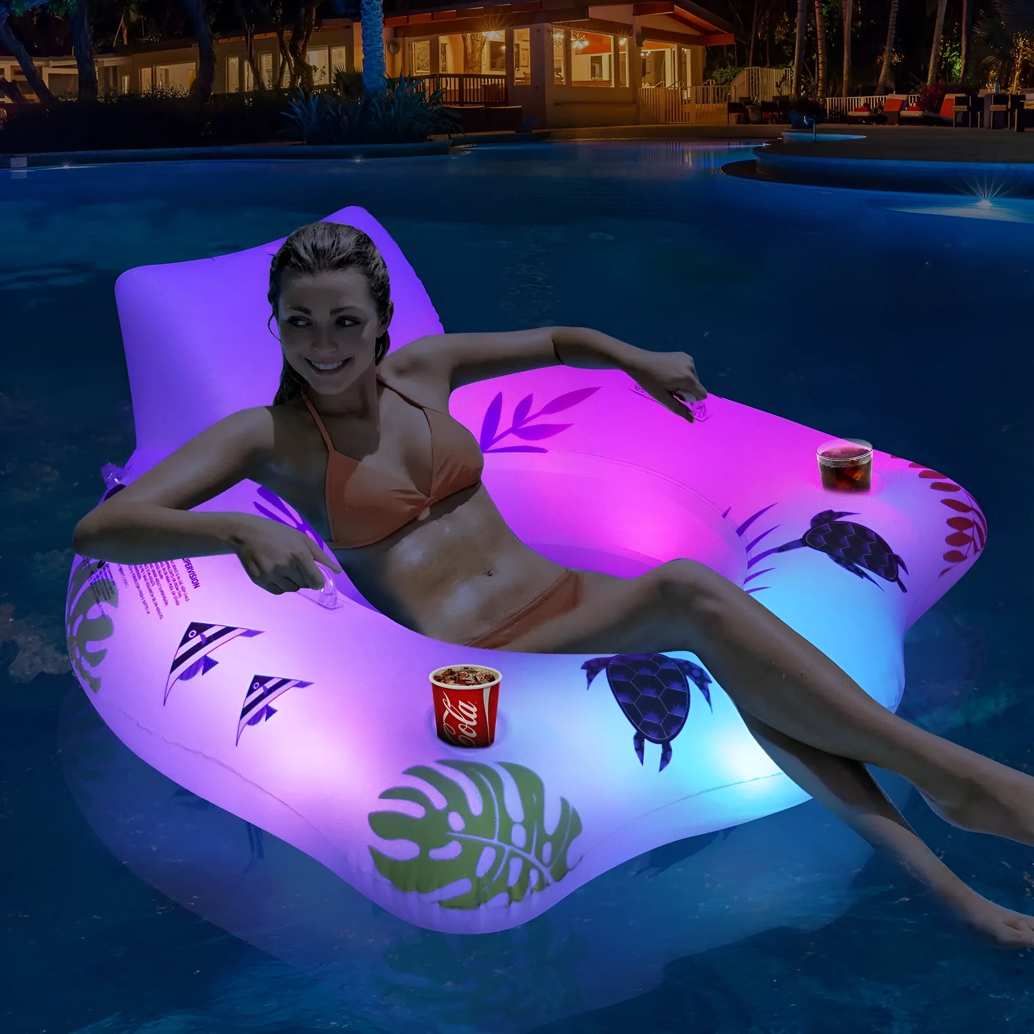 White U-shaped luminous inflatable float recliner on water, showing its 120cm size.