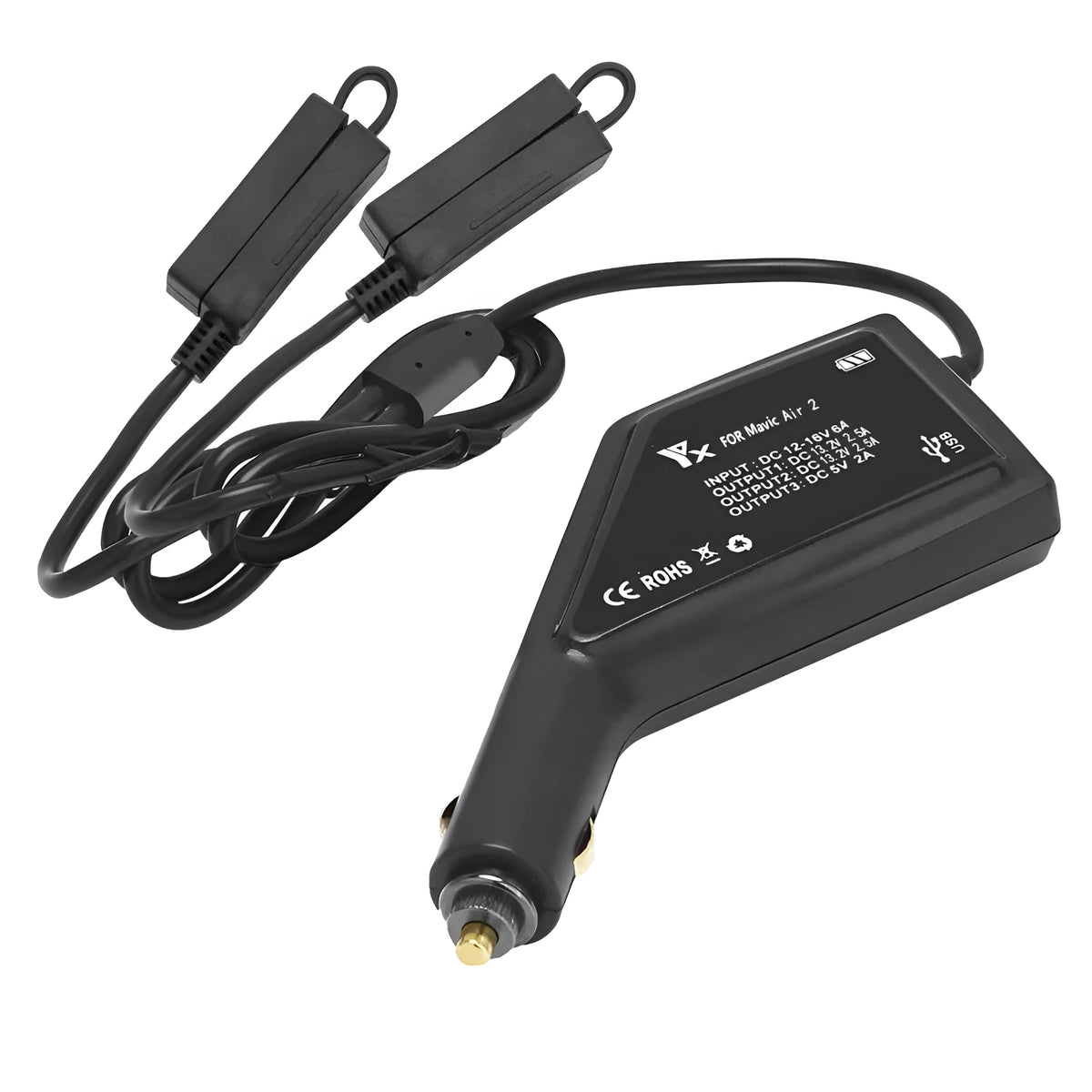 DJI Mini 2 dual electric car charger in metal black with two battery ports and USB output