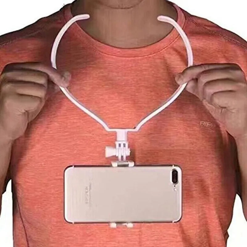 Black adjustable neck phone holder for smartphone, shown being worn for hands-free filming.