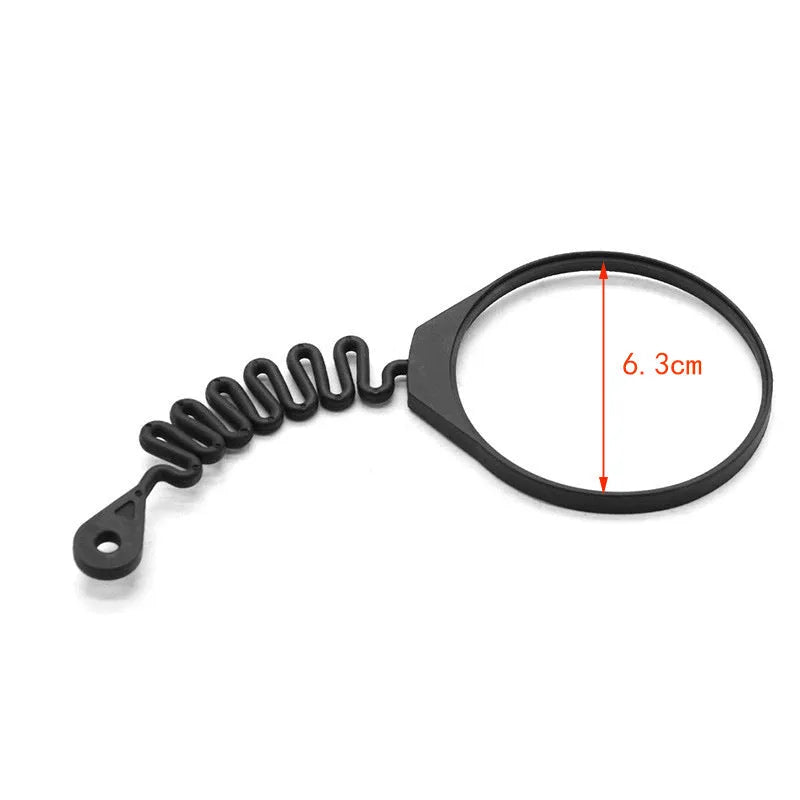 Black rubber Volvo fuel cap tether showing circle band and separate rope anti-lost designs