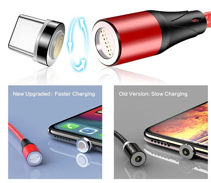 Magnetic USB-C fast charging data cable with side indicator light in black, red, or silver