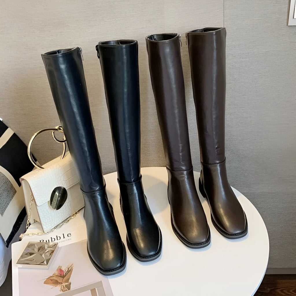 Women's thick heel over the knee knight boots in black artificial PU with car suture detail