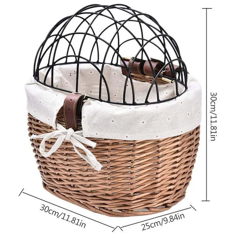 Honey wicker bicycle front handle basket for cats and dogs, medium size, mounted on handlebars