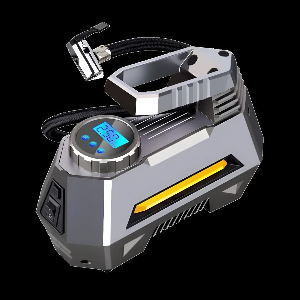 Multi-function car tyre inflator with digital display, LED flashlight, and 10-foot power cord on a tyre